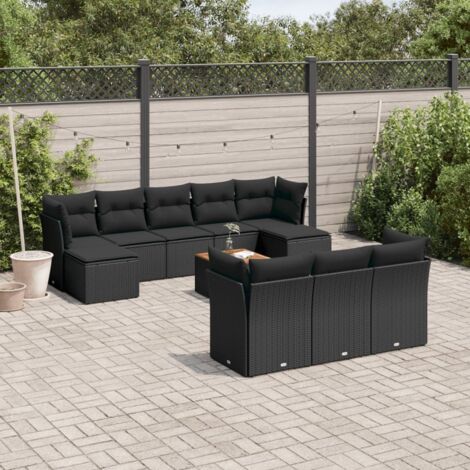 vidaXL Gartenmöbel 11-teilig mit Kissen schwarz geflochtenes Material