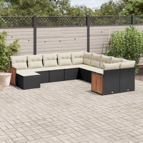 vidaXL Gartenmöbel 11-teilig mit Kissen schwarz Rattan