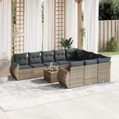 vidaXL Gartenmöbel 11-tlg. mit grauen Kissen aus geflochtener Rattan-Optik