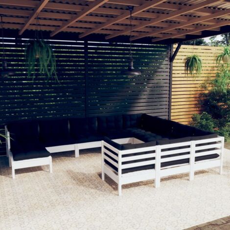 vidaXL Gartenmöbel 11-tlg. mit weißen Kissen aus Kiefernholz