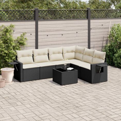 vidaXL Gartenmöbel 7-teilig mit Kissen Schwarz Geflochtene Kunstfaser