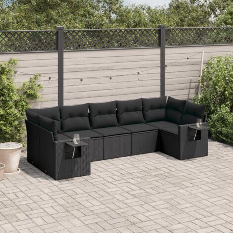 vidaXL Gartenmöbel 7-teilig mit Kissen Schwarz Geflochtene Kunstfaser