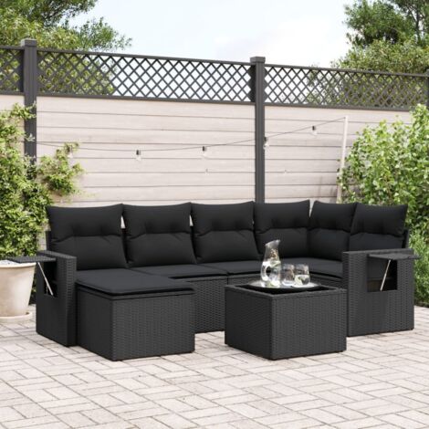 vidaXL Gartenmöbel 7-teilig mit Kissen Schwarz Geflochtene Rattan