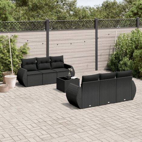 vidaXL Gartenmöbel 7-teilig mit Kissen Schwarz, geflochtene Rattan