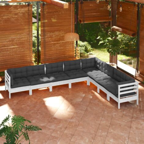 vidaXL Gartenmöbel 8-teilig mit Kissen Weiß Kiefernholz massiv