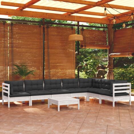vidaXL Gartenmöbel 8-teilig mit weißen Kissen aus massivem Kiefernholz
