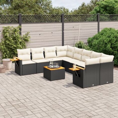 vidaXL Gartenmöbel 9-teilig mit Kissen Schwarz Geflochtene Rattan