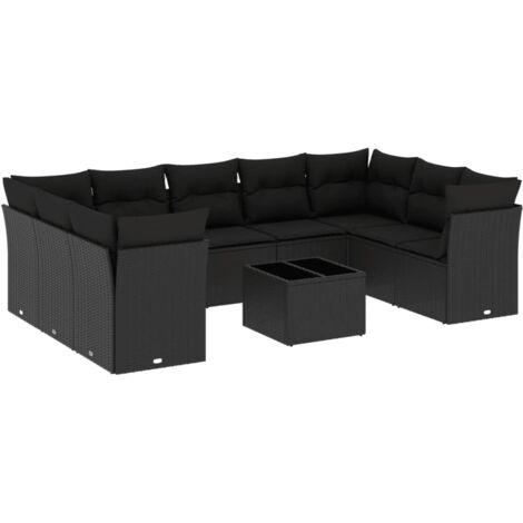 vidaXL Gartenmöbel Set 10-teilig mit Kissen Schwarz Geflecht