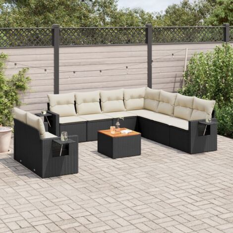vidaXL Gartenmöbel-Set 10-teilig mit Kissen Schwarz Rattan