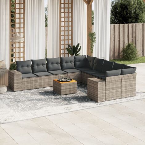 vidaXL Gartenmöbel Set 11 Teile mit grauen Kissen aus Kunstgeflecht