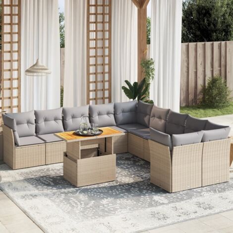 vidaXL Gartenmöbel Set 11-teilig mit beigen Kissen aus geflochtener Kunstfaser