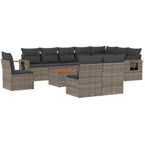 vidaXL Gartenmöbel Set 11-teilig mit grauen Kissen aus geflochtener Kunststoffrattan