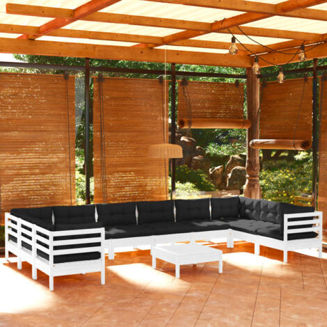 vidaXL Gartenmöbel-Set 11-teilig mit weißen Polstern aus Kiefernholz
