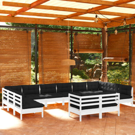 vidaXL Gartenmöbel-Set 12-teilig mit weißen Kissen aus massivem Kiefernholz