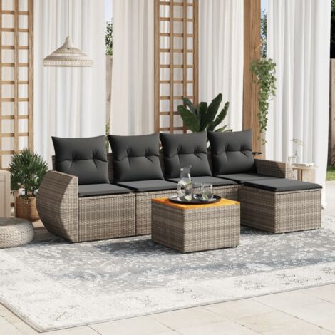 vidaXL Gartenmöbel-Set 6 Teile mit grauen Kissen aus geflochtener Kunstfaser