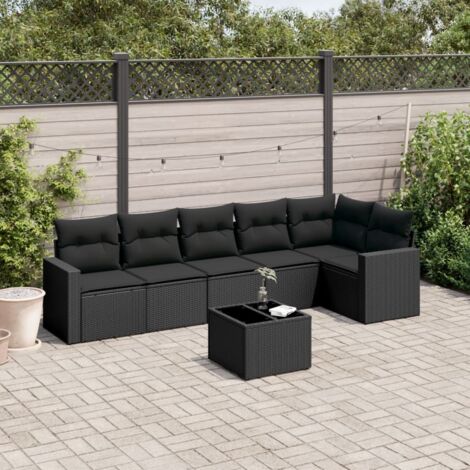 vidaXL Gartenmöbel-Set 7 Teile mit Kissen schwarz Rattan