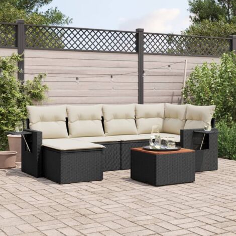 vidaXL Gartenmöbel Set 7-teilig mit Kissen schwarz, geflochtene Kunststoffe