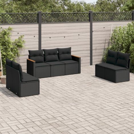 vidaXL Gartenmöbel Set 7-teilig mit Kissen Schwarz Geflochtene Rattan