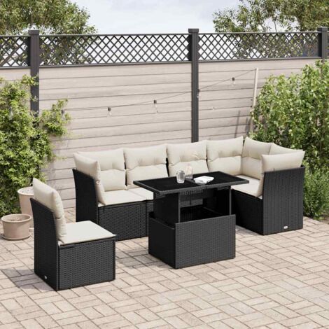 vidaXL Gartenmöbel Set 7-teilig mit Kissen Schwarz Rattangeflecht