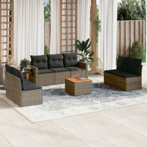 vidaXL Gartenmöbel Set 8-teilig mit grauen Kissen aus geflochtener Kunstfaser
