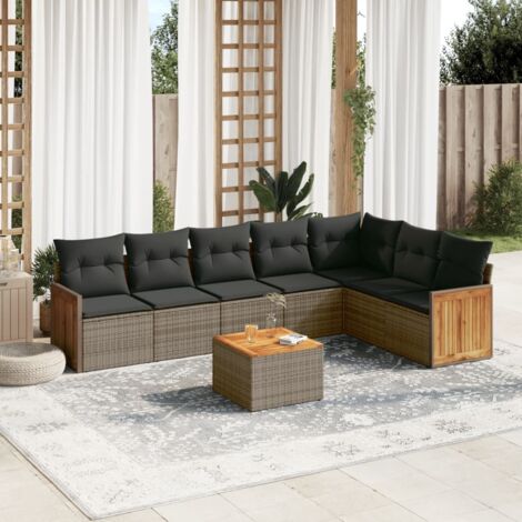 vidaXL Gartenmöbel-Set 8-teilig mit grauen Kissen aus geflochtener Rattan