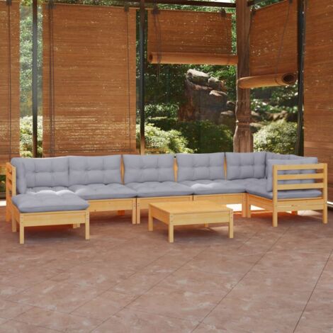 vidaXL Gartenmöbel-Set 8-teilig mit grauen Kissen aus massivem Kiefernholz