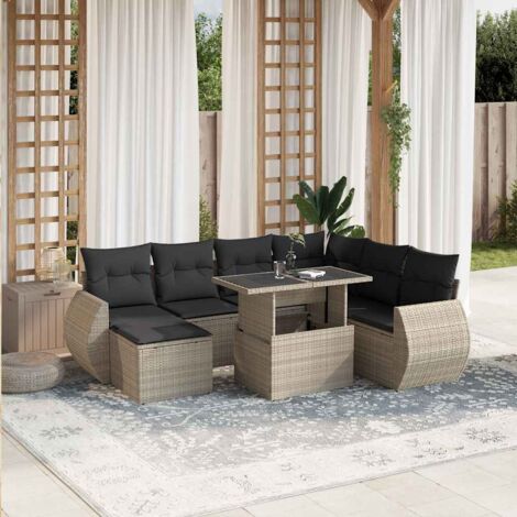 vidaXL Gartenmöbel-Set 8-teilig mit hellgrauen Kissen aus geflochtener Rattan