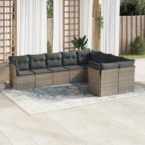 vidaXL Gartenmöbel Set 9-teilig mit grauen Kissen aus geflochtenem Kunststoff