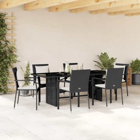 vidaXL Gartenmöbel Set mit Kissen 7-teilig Schwarz Geflochtene Rattan