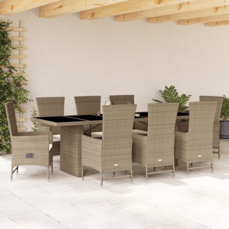 vidaXL Gartenmöbel-Set mit Kissen 9 Teile beige Poly Rattan