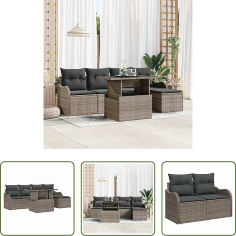 vidaXL Gartenmöbel -  Sitzgruppe für den Outdoor mit Kissen 6 pcs Grau Poly Rattan