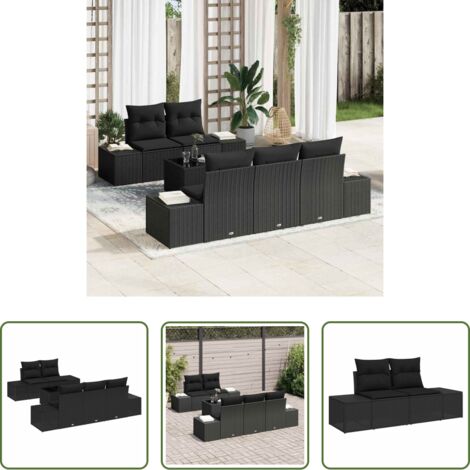 vidaXL Gartenmöbel - Sofa Set mit Kissen Schwarz Poly Rattan
