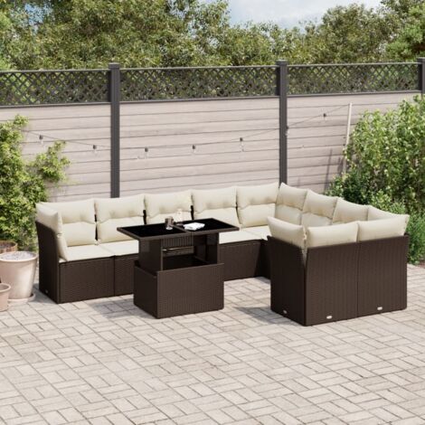 vidaXL Gartenmöbelset 10 Teilig mit braunen Kissen aus geflochtener Rattan