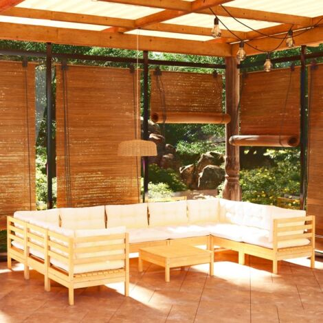 vidaXL Gartenmöbelset 10-teilig mit cremefarbenen Kissen aus Kiefernholz