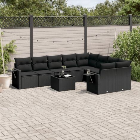 vidaXL Gartenmöbelset 10-teilig mit Kissen in Schwarz aus Geflecht