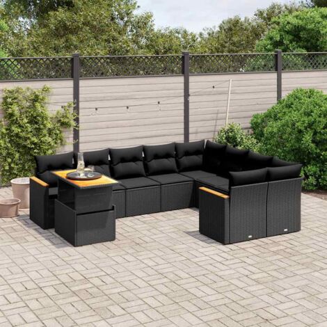vidaXL Gartenmöbelset 10-teilig mit Kissen schwarz Geflecht