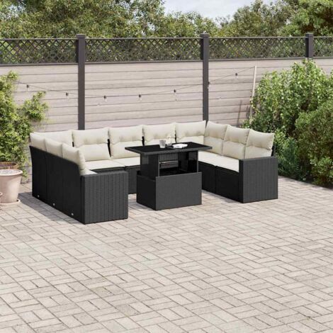 vidaXL Gartenmöbelset 10-teilig mit Kissen Schwarz Geflecht