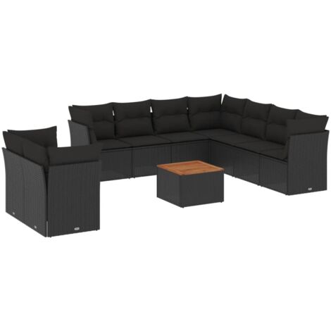 vidaXL Gartenmöbelset 10-teilig mit Kissen schwarz Geflecht