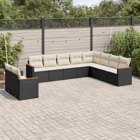 vidaXL Gartenmöbelset 10-teilig mit Kissen Schwarz Geflochtene Kunstfaser