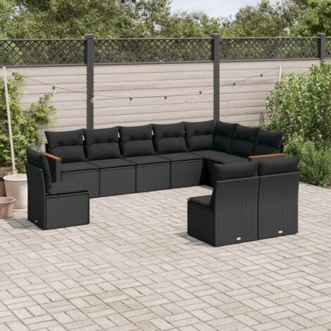 vidaXL Gartenmöbelset 10-teilig mit Kissen Schwarz geflochtene Kunststoffe