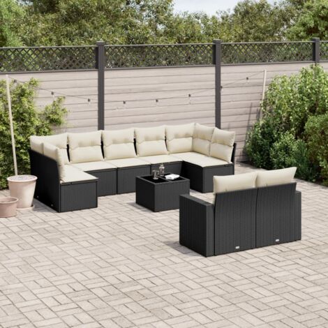 vidaXL Gartenmöbelset 10-teilig mit Kissen Schwarz Rattan