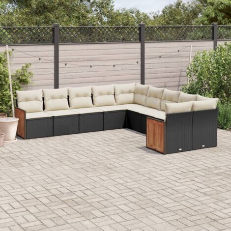 vidaXL Gartenmöbelset 10-teilig mit Kissen Schwarz Rattan