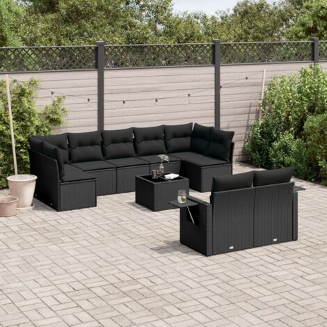 vidaXL Gartenmöbelset 10-teilig mit Kissen Schwarz Rattangeflecht