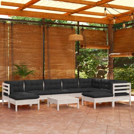 vidaXL Gartenmöbelset 10-teilig mit Kissen Weiß Kiefernholz massiv