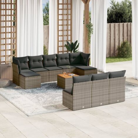 vidaXL Gartenmöbelset 11 Teile mit grauen Kissen aus geflochtener Kunststoffe