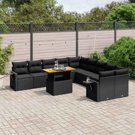 vidaXL Gartenmöbelset 11 Teile mit Kissen schwarz Kunststoffgeflecht
