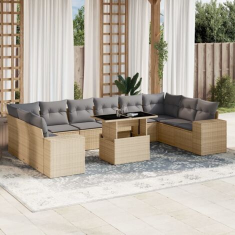 vidaXL Gartenmöbelset 11-teilig mit beigen Kissen aus geflochtener Kunstfaser