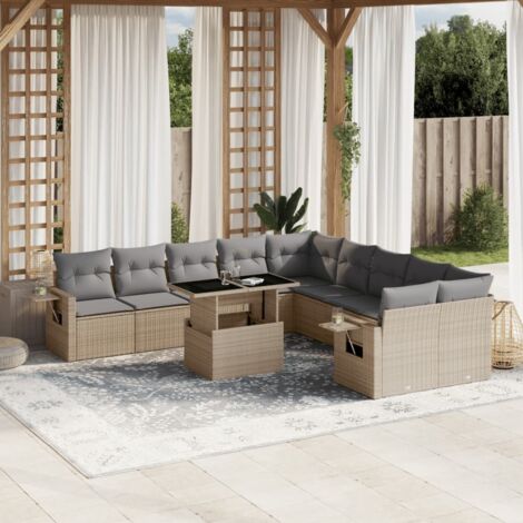 vidaXL Gartenmöbelset 11-teilig mit beigen Kissen aus geflochtener synthetischer Rattan