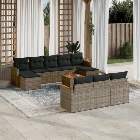 vidaXL Gartenmöbelset 11-teilig mit grauen Kissen aus geflochtener Kunstfaser