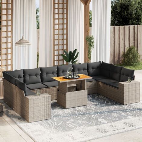 vidaXL Gartenmöbelset 11 teilig mit grauen Kissen aus geflochtener Kunststoff